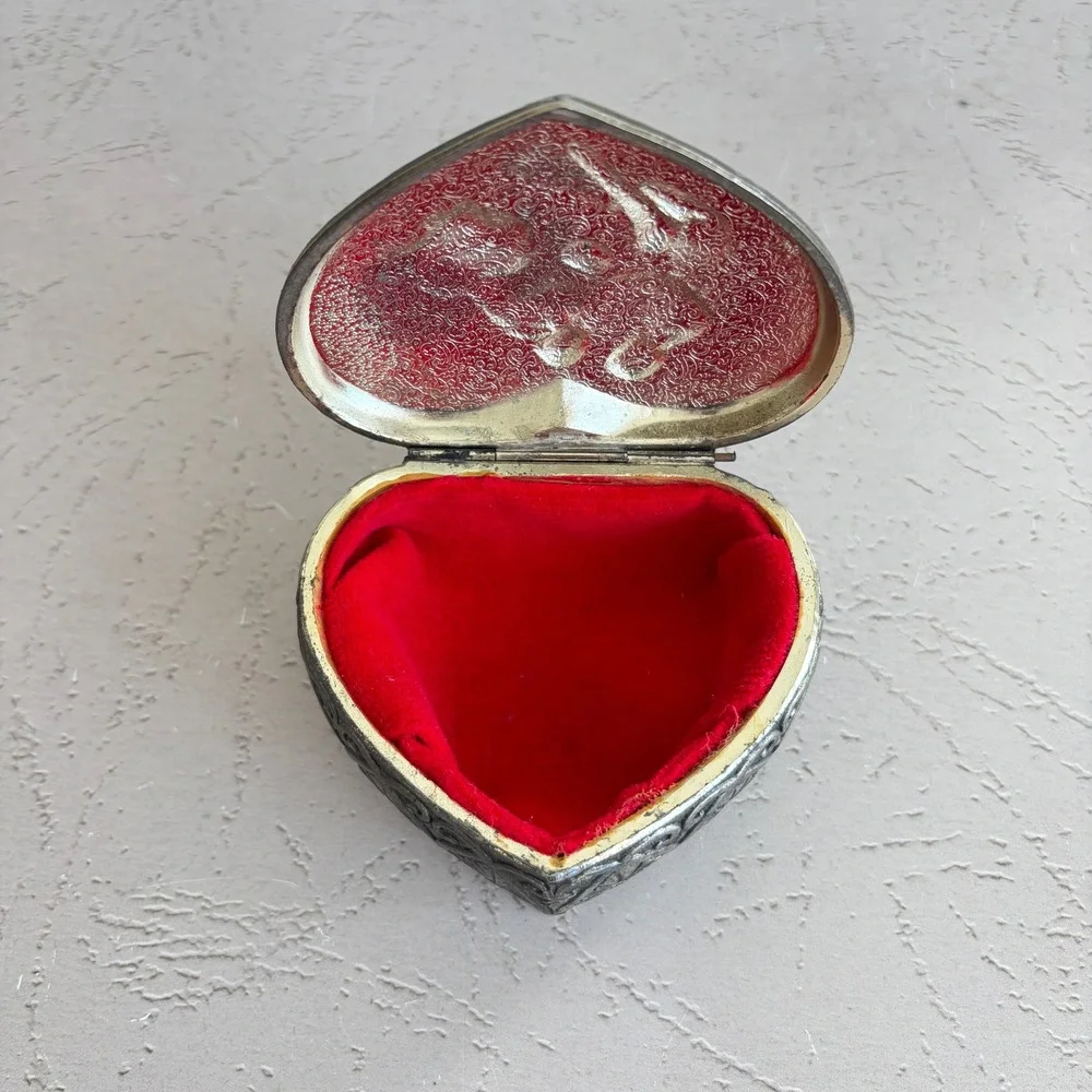Vintage Heart Shaped Ornate Metal Trinket Jewelry Box Red Velvet Lining Footed